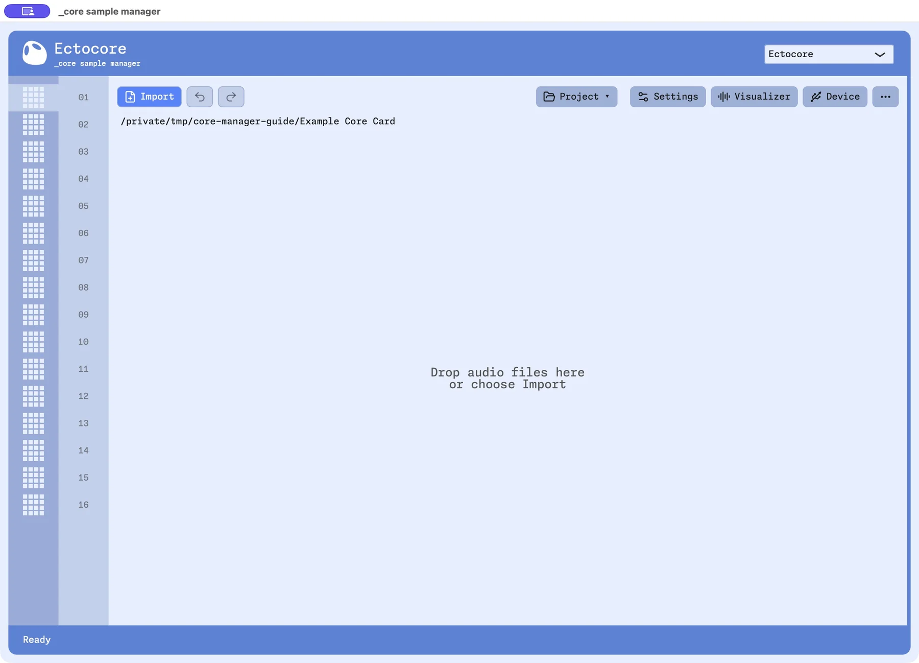 An empty project in the Ectocore presentation with 16 banks and sample slots