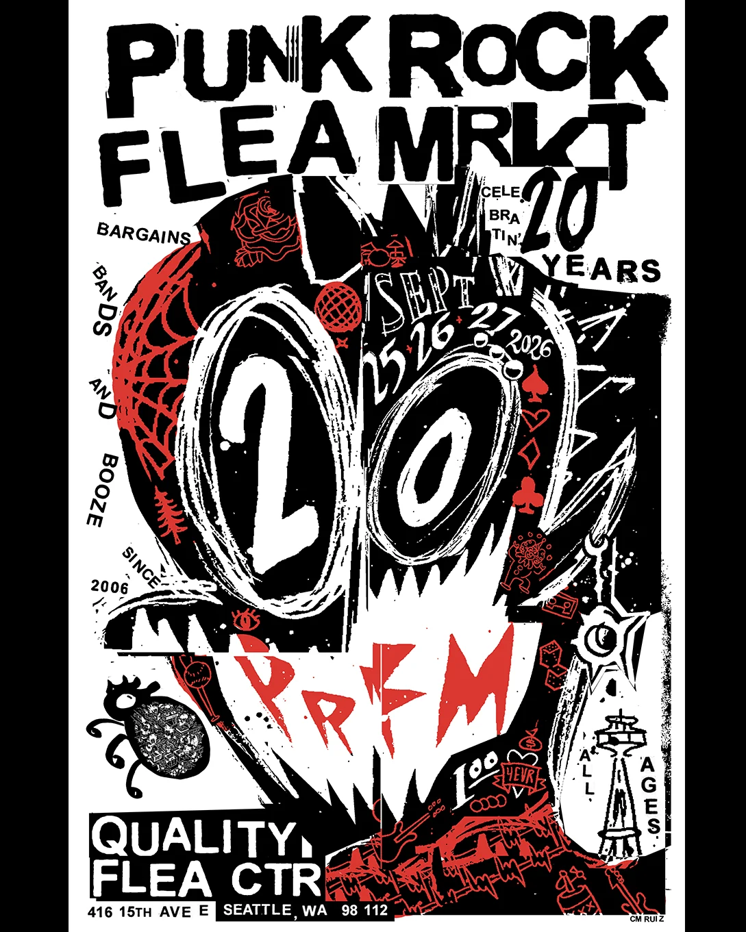 Red, black, and white poster for the September 25–27, 2026 Punk Rock Flea Market at Quality Flea Center. Artwork by Carlos Ruiz and Ian Wheelock.