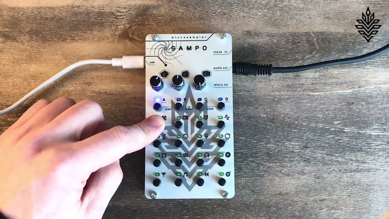 SynthCone SAMPO, a narrow white Zeptocore-derived sampler with a screen and directional buttons
