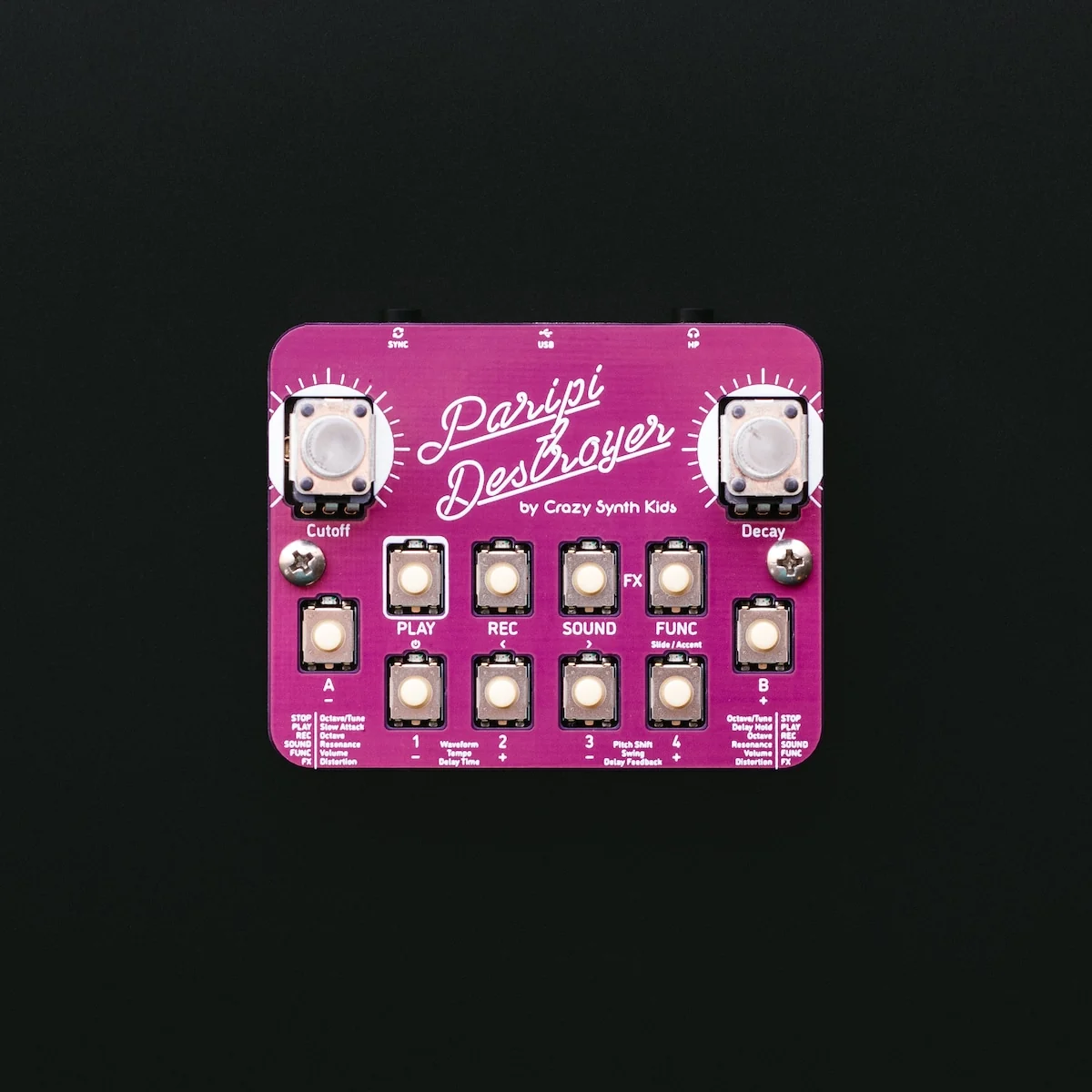 The tiny purple ParipiDestroyer acid synthesizer with two knobs and a grid of buttons