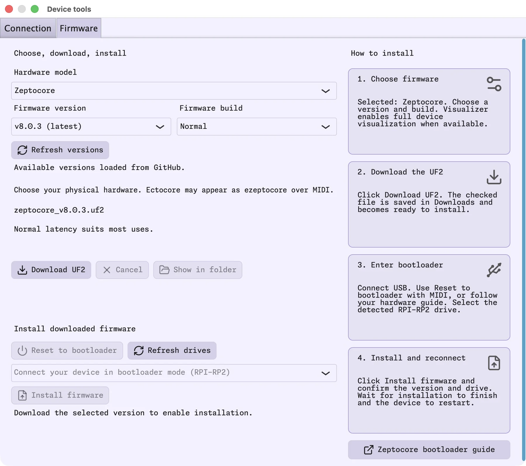 Firmware window selecting Zeptocore, v8.0.3, and Normal, with Download UF2 enabled