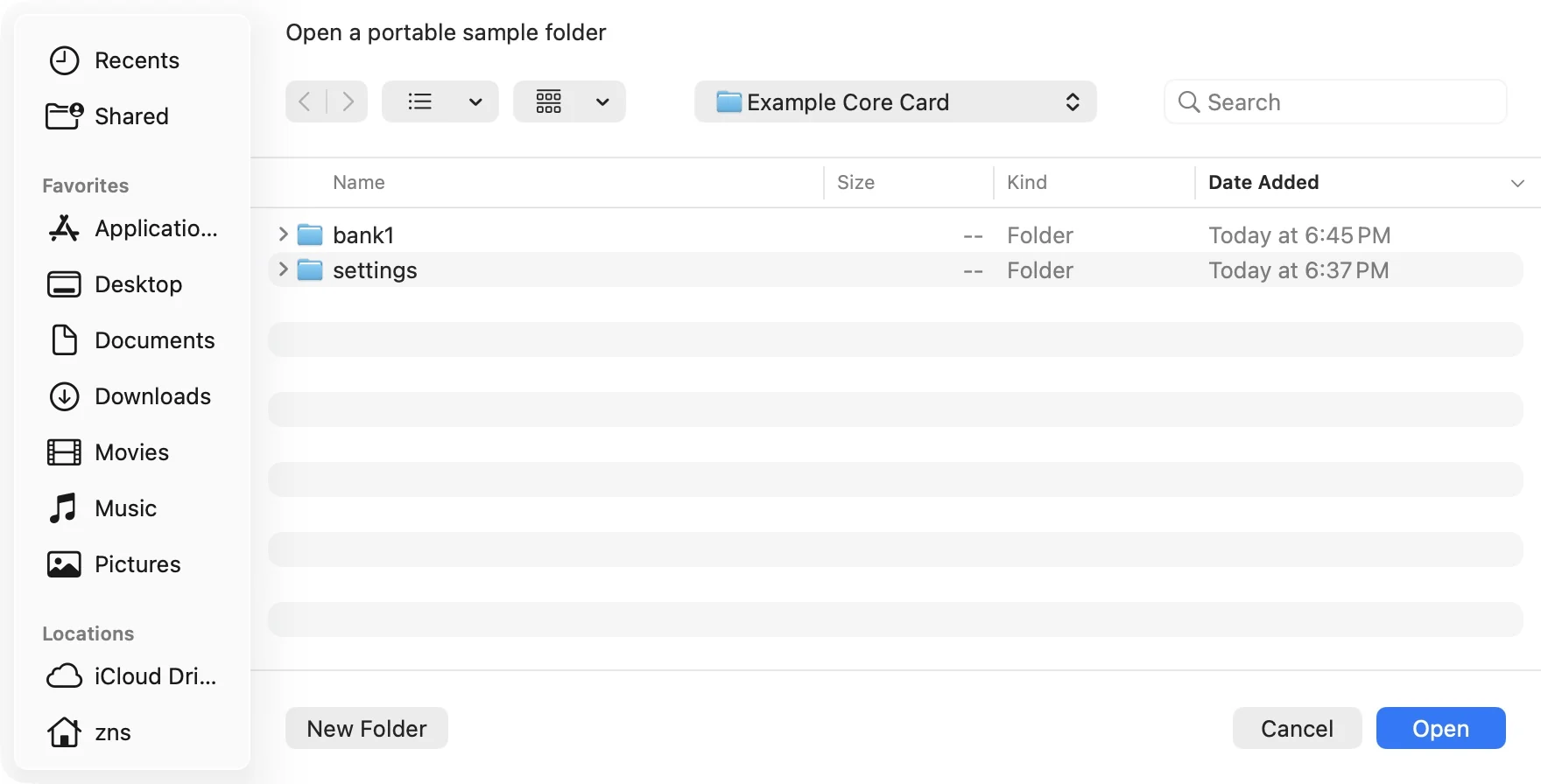 Open a portable sample folder dialog showing bank1 and settings inside Example Core Card