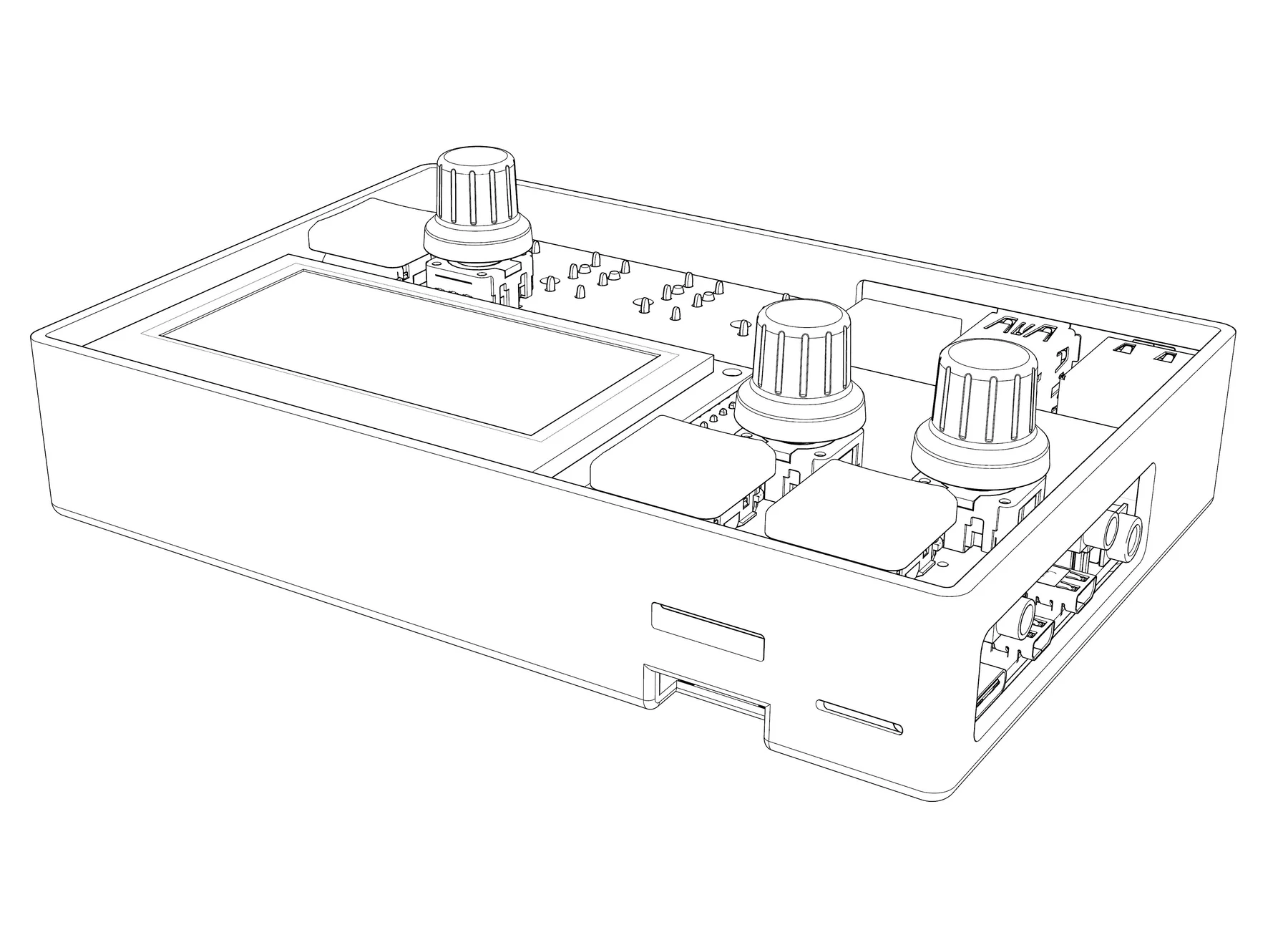 Line drawing of the Denki Oto shieldXL DIY Norns synthesizer with screen and encoders