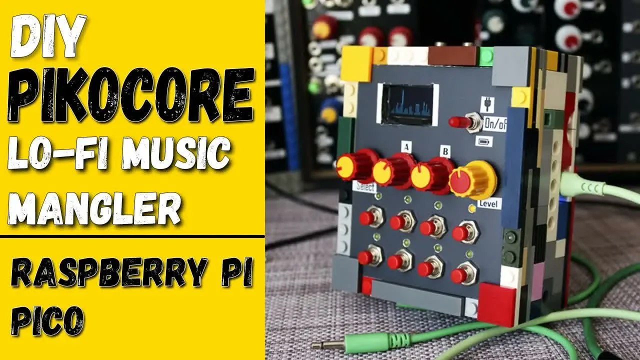 Andr DIY Music's brick-built Pikocore with four knobs, eight toggle controls, and a small spectrum display