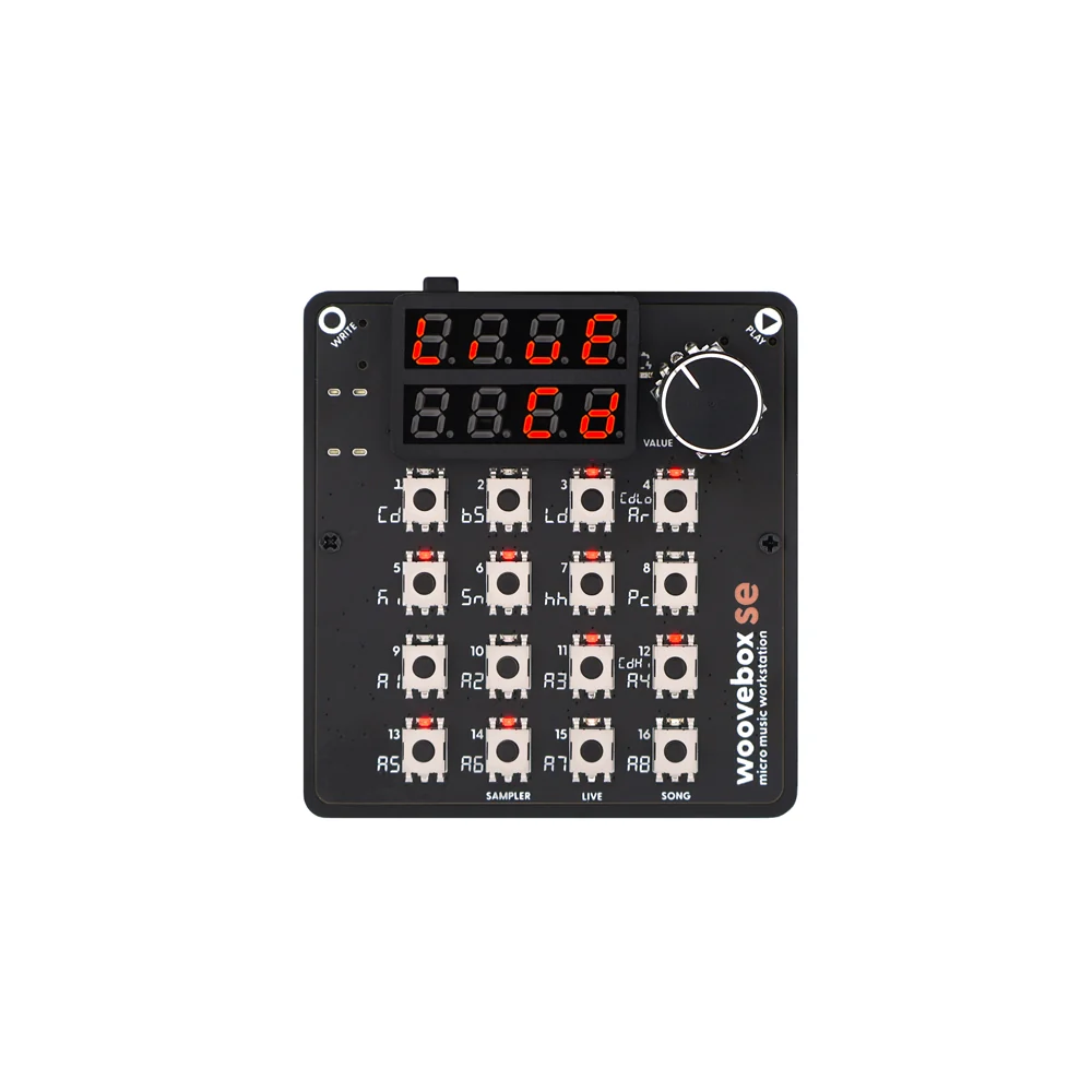 The black Woovebox SE pocket workstation with a small display, two knobs, and step buttons