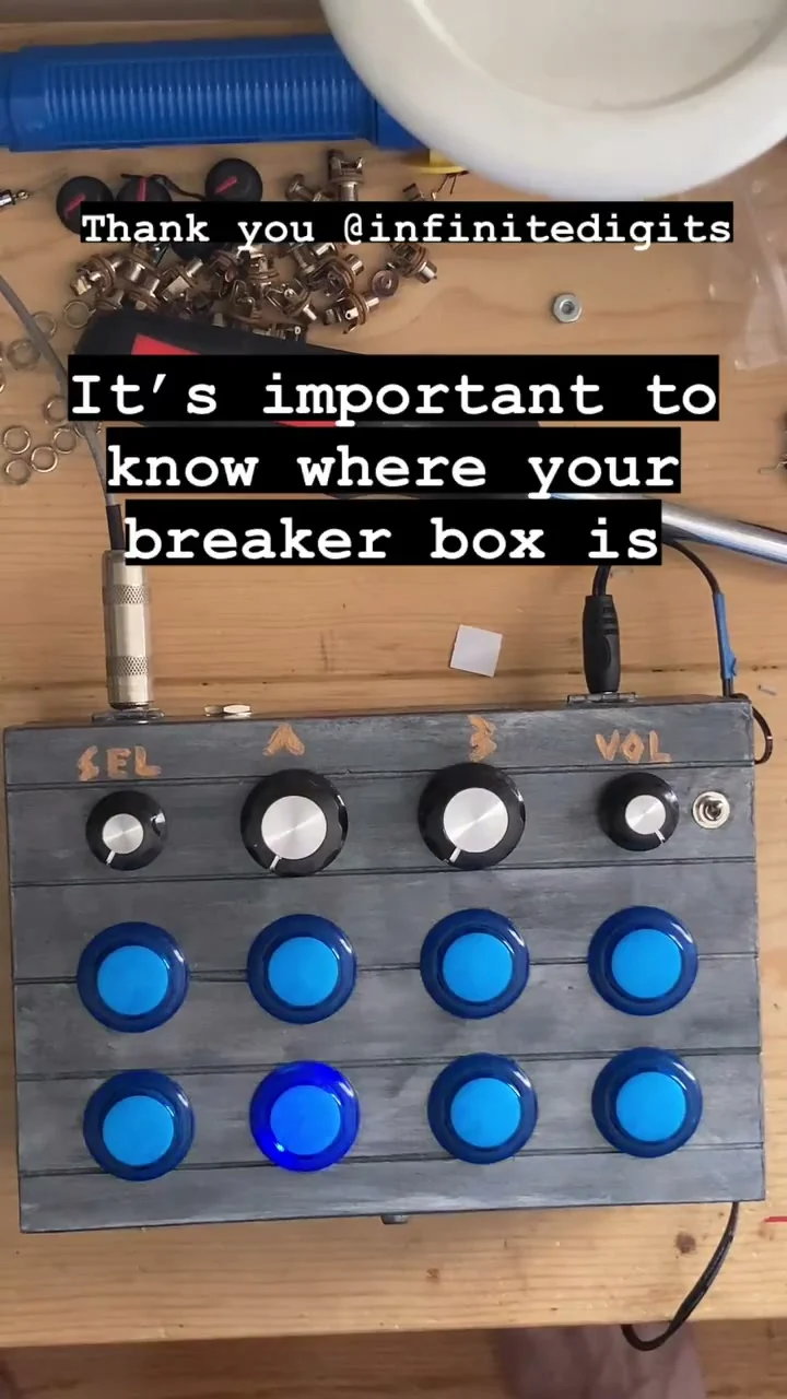 Ground Grown Circuits' handmade Pikocore enclosure with four knobs and eight large blue illuminated arcade buttons