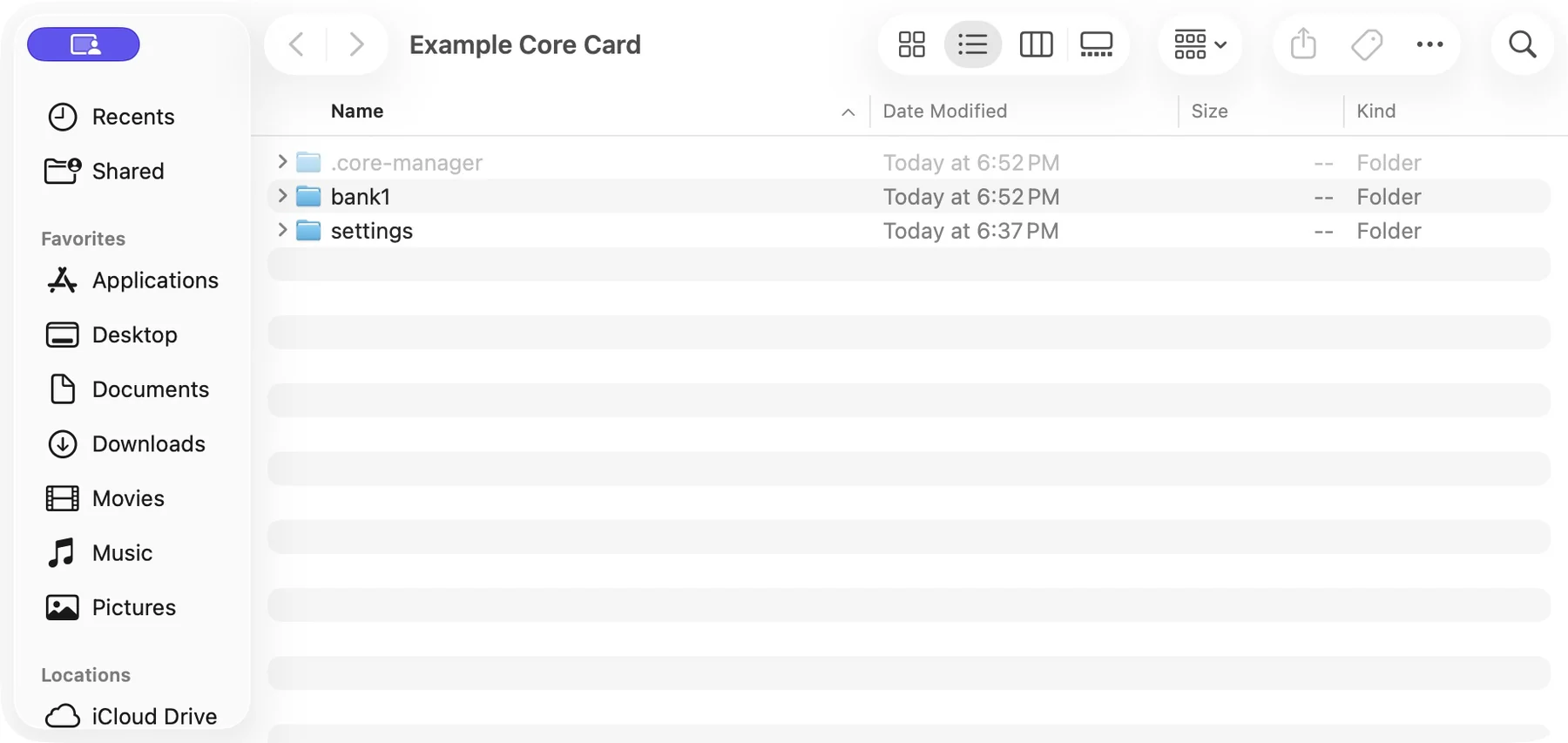 Finder showing .core-manager, bank1, and settings in the example project