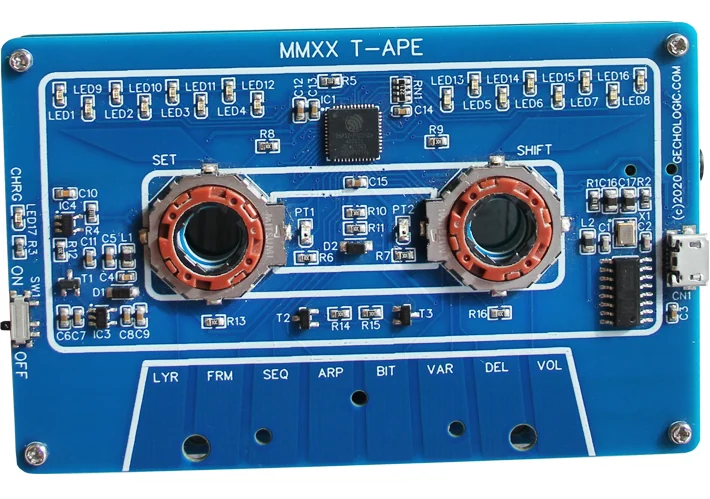 The blue MMXX T-APE synthesizer with two red-ringed controls and eight touch keys