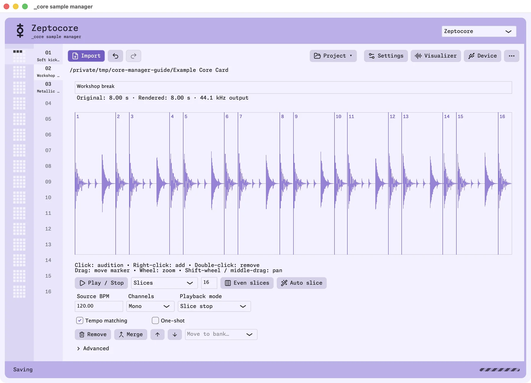 Workshop break moved to slot 02, with the remove, merge, reorder, and move-to-bank controls below the waveform