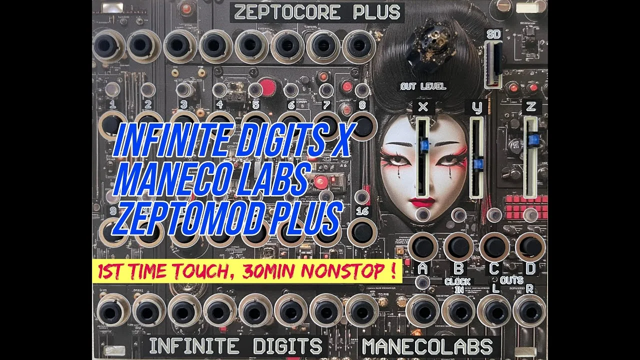 ZeptoMod Plus Eurorack panel with patch jacks, knobs, sliders, screen, and Zeptocore controls