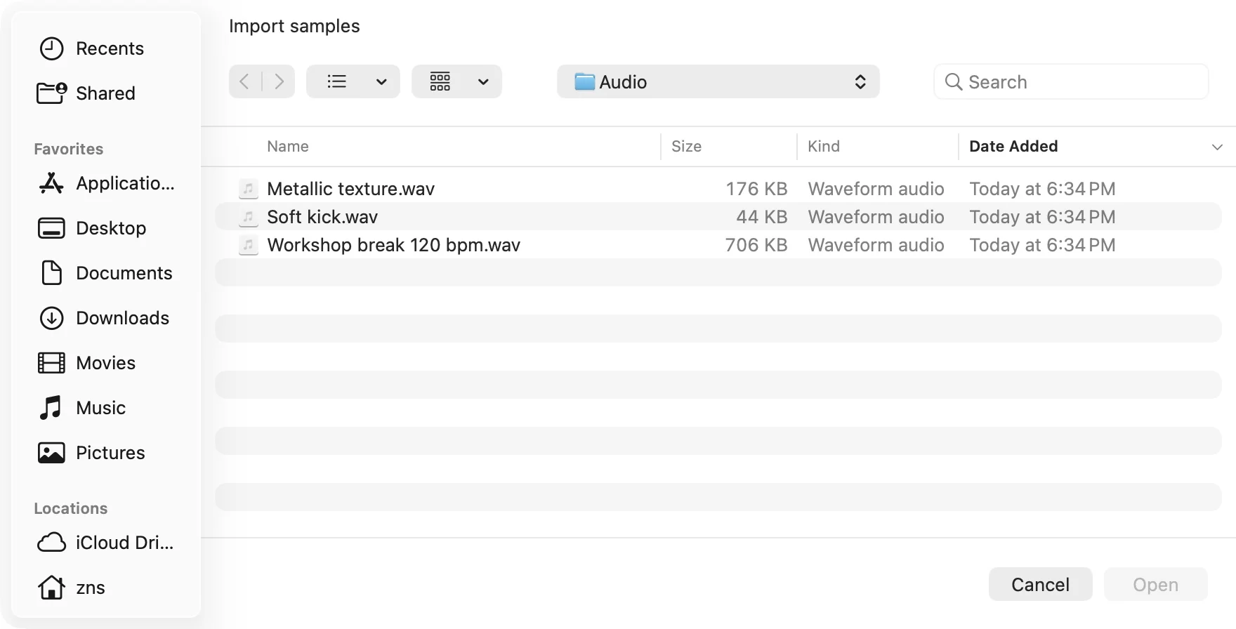 Import samples dialog listing an eight-second drum loop, Soft kick, and Metallic texture WAV files