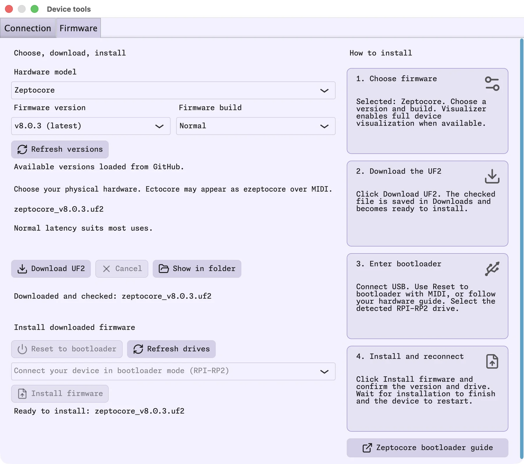 Firmware window confirming Downloaded and checked: zeptocore_v8.0.3.uf2, with no bootloader drive selected