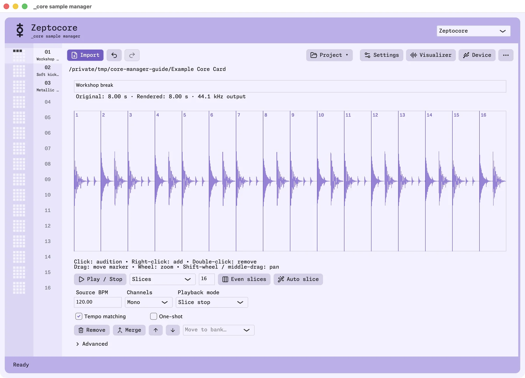 A drum loop divided into 16 equally spaced slices in the sample editor