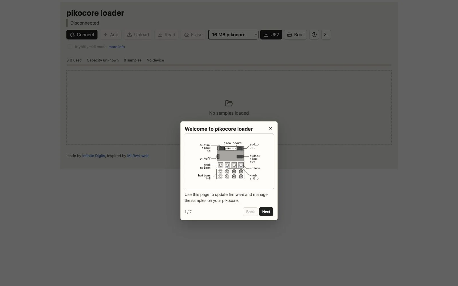 The Pikocore v2 browser loader showing firmware, connection, sample-bank controls, and its built-in tour