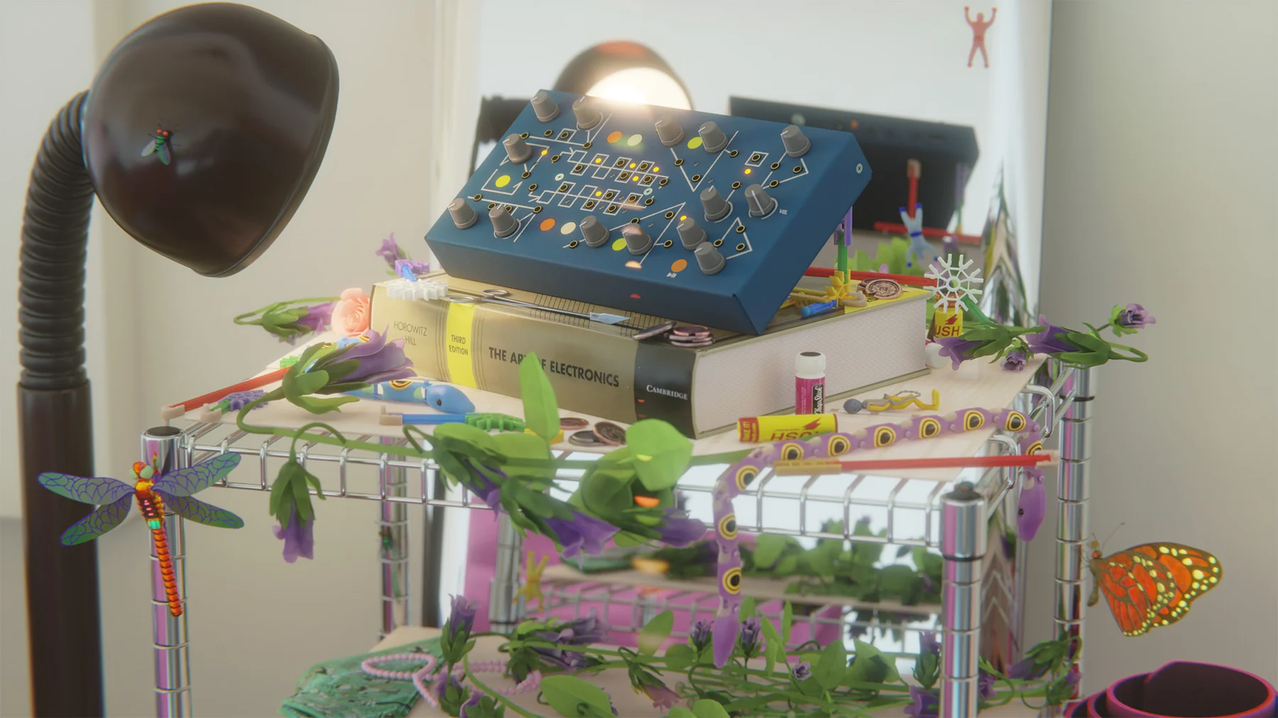 A Lorre-Mill Double Knot analog synthesizer patched with colorful banana cables in a miniature scene