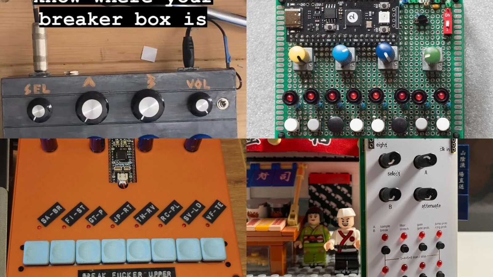 A collage of four homemade Pikocore instruments: an arcade-button box, a hand-wired board, a 3D-printed perfboard build, and an AE Modular conversion