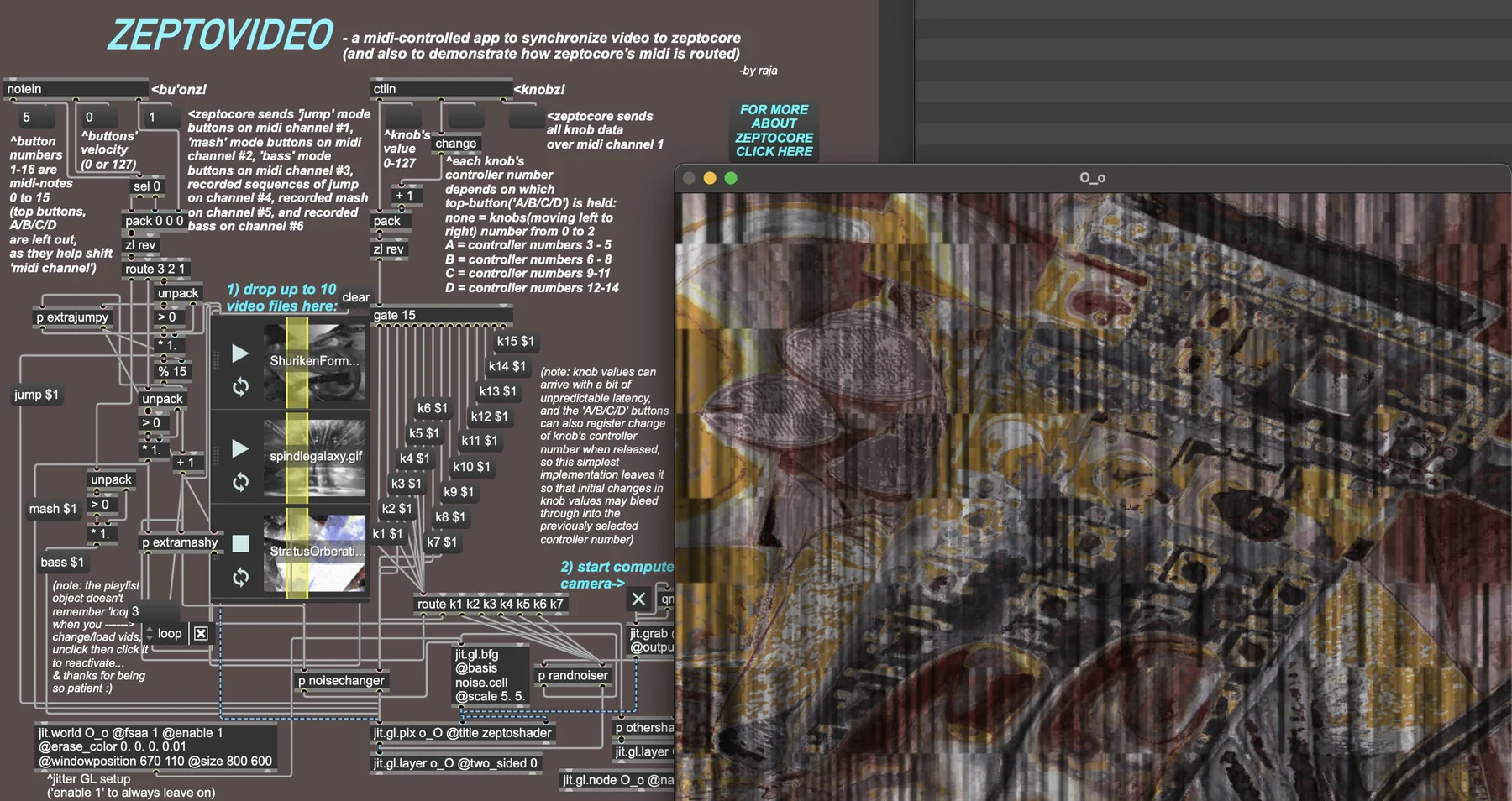Zeptovideo Max patch routing Zeptocore MIDI into a glitching shader visualization