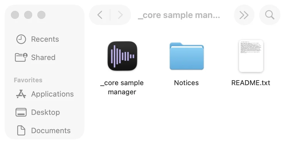The extracted macOS folder containing the sample manager app, Notices, and README