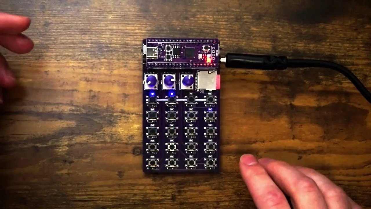 The original purple Zeptocore handheld sampler playing on a wooden table