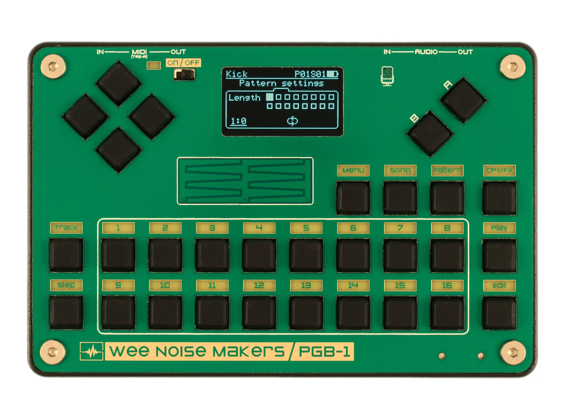 The green PGB-1 open-source pocket groovebox with screen, pads, and wooden side panels