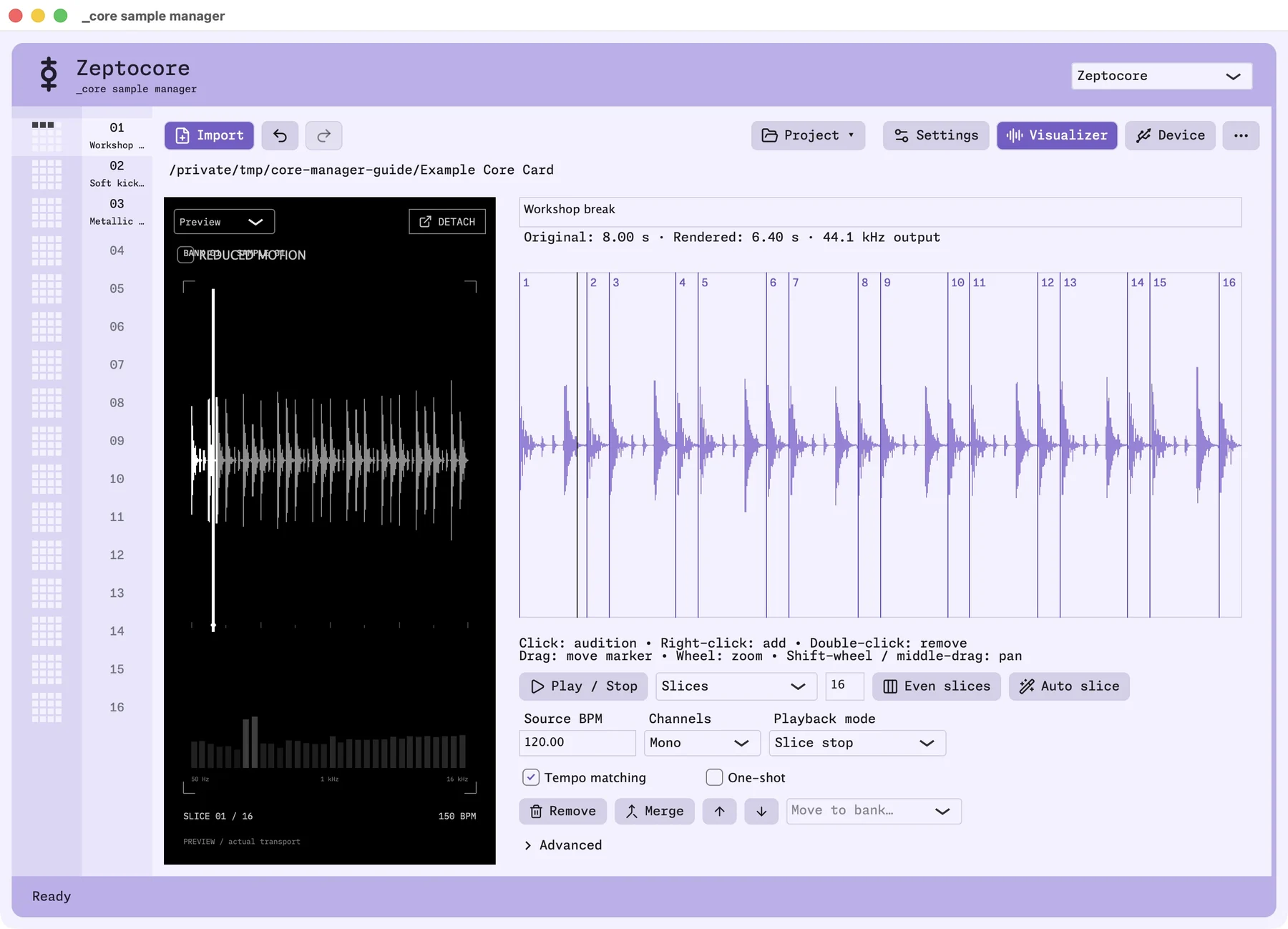 The sample manager visualizer set to Preview beside the selected drum loop