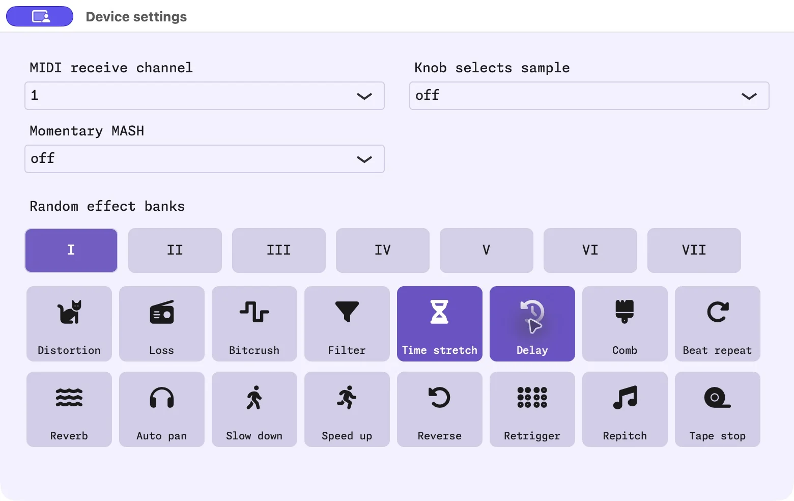 Zeptocore device settings with MIDI receive channel and seven random effect banks