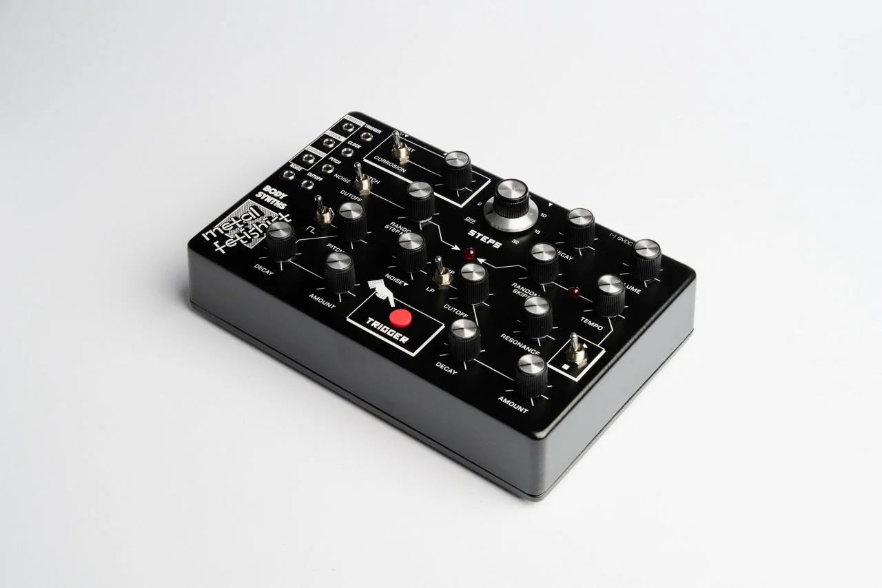 The black Body Synths Metal Fetishist percussion synthesizer on a white background