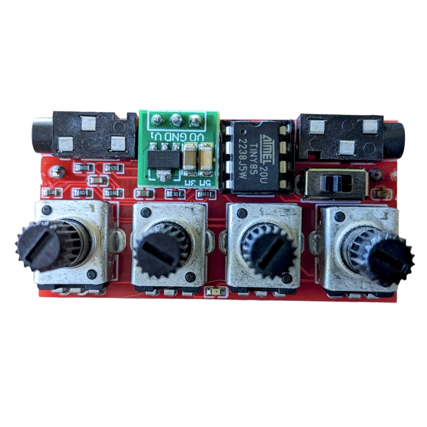 Nyblcore kit circuit board with four knobs and audio jacks
