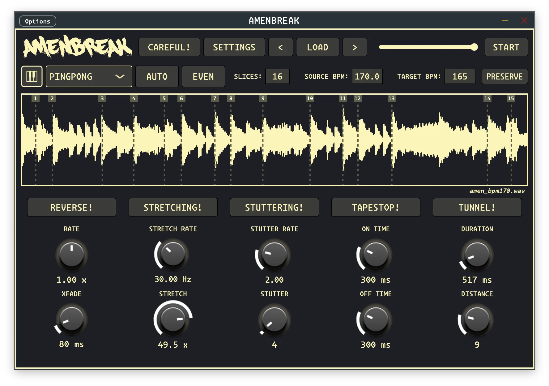 Amenbreak VST effects panel with reverse, stretching, stuttering, tapestop, and tunnel controls