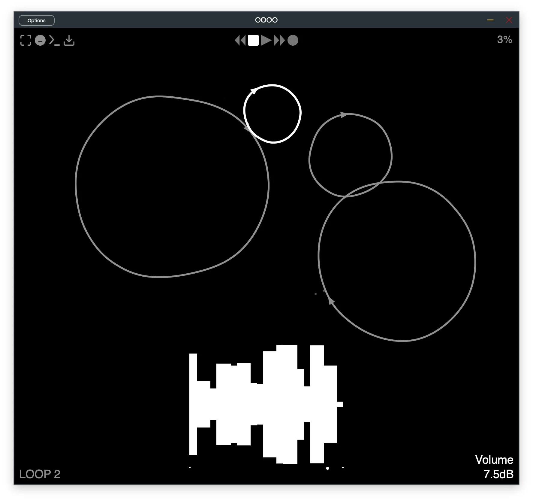 OOOO plugin interface with looping circles and a white waveform on a black background