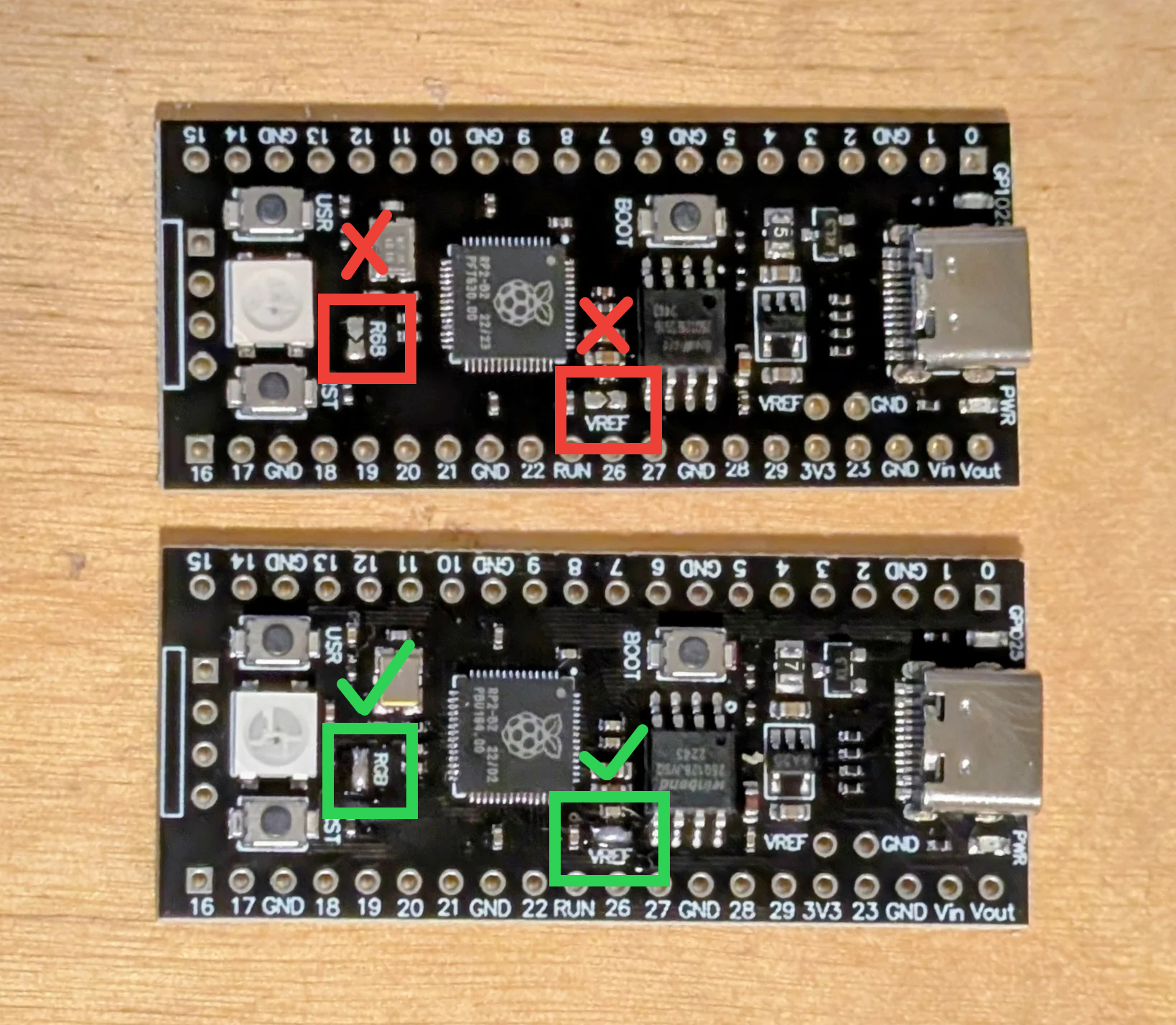 RP2040 module showing RGB and VREF solder bridges