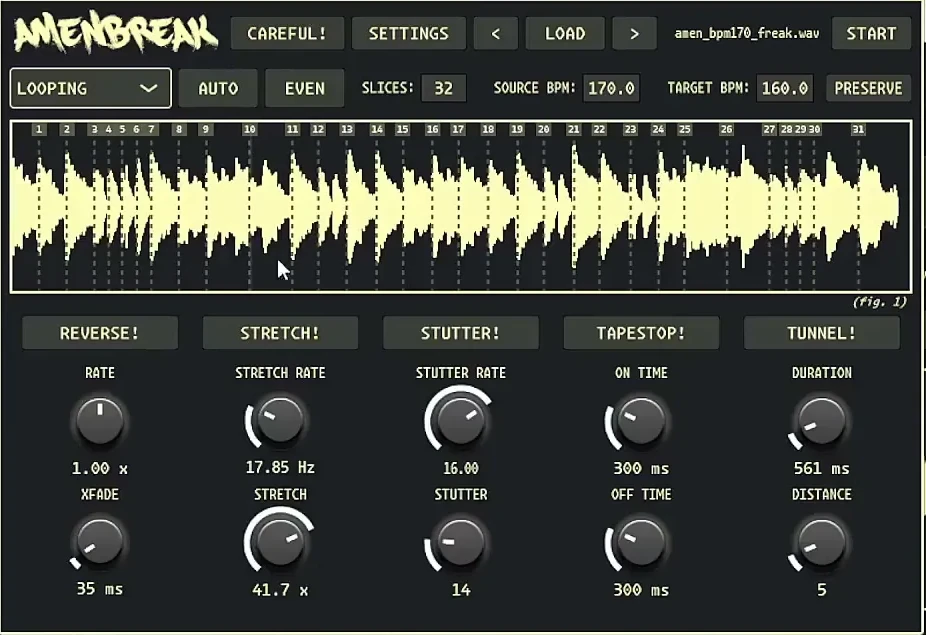 AMENBREAK CAREFUL view with reverse, stretch, stutter, tape-stop, tunnel, and crossfade controls