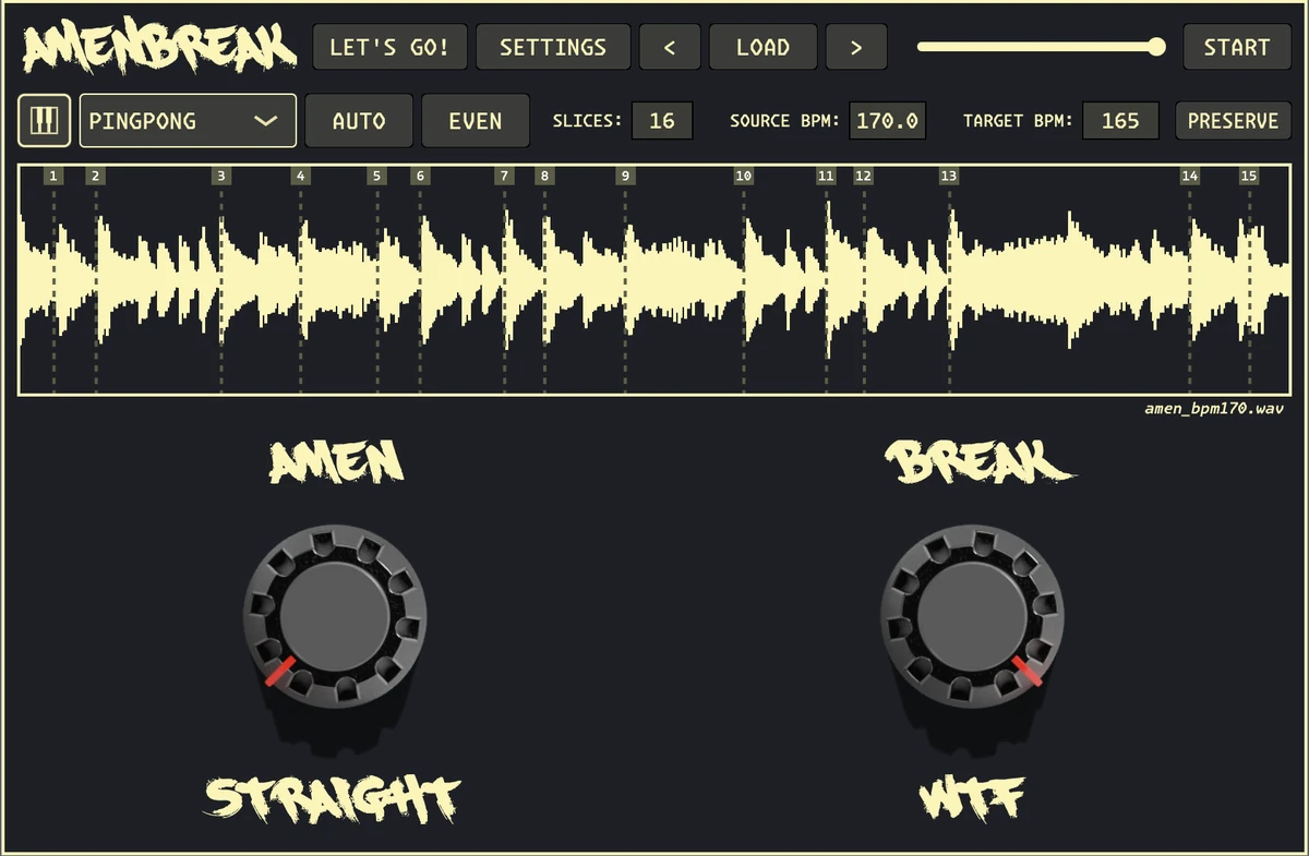 AMENBREAK VST with a sliced waveform and its AMEN and BREAK performance knobs