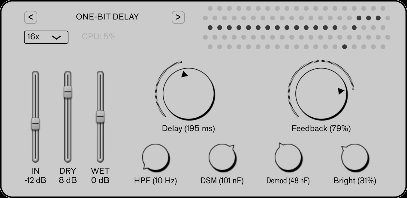One-Bit Delay interface with level sliders, delay and feedback knobs, and tone controls