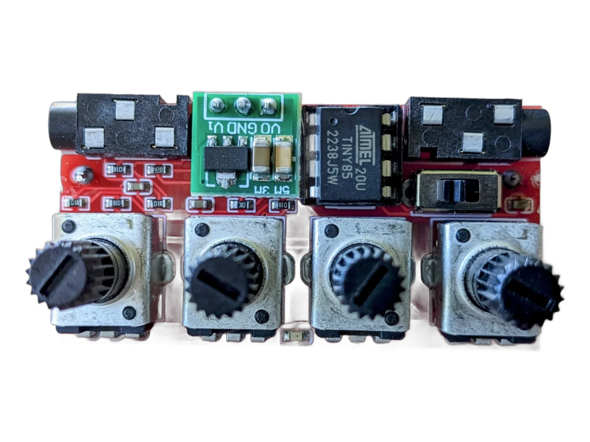 Assembled Nyblcore sample player with four knobs and audio jacks