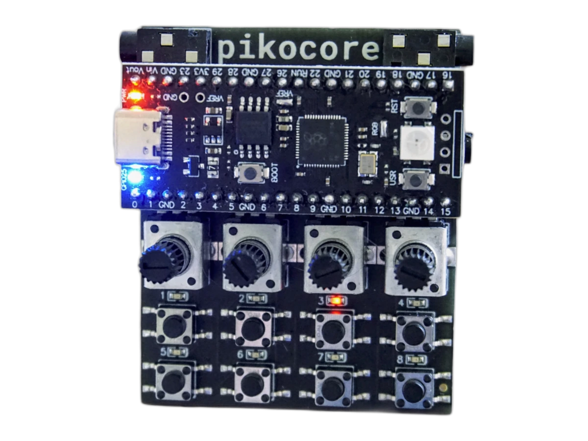 Pikocore sampler with four knobs, eight buttons, and illuminated LEDs