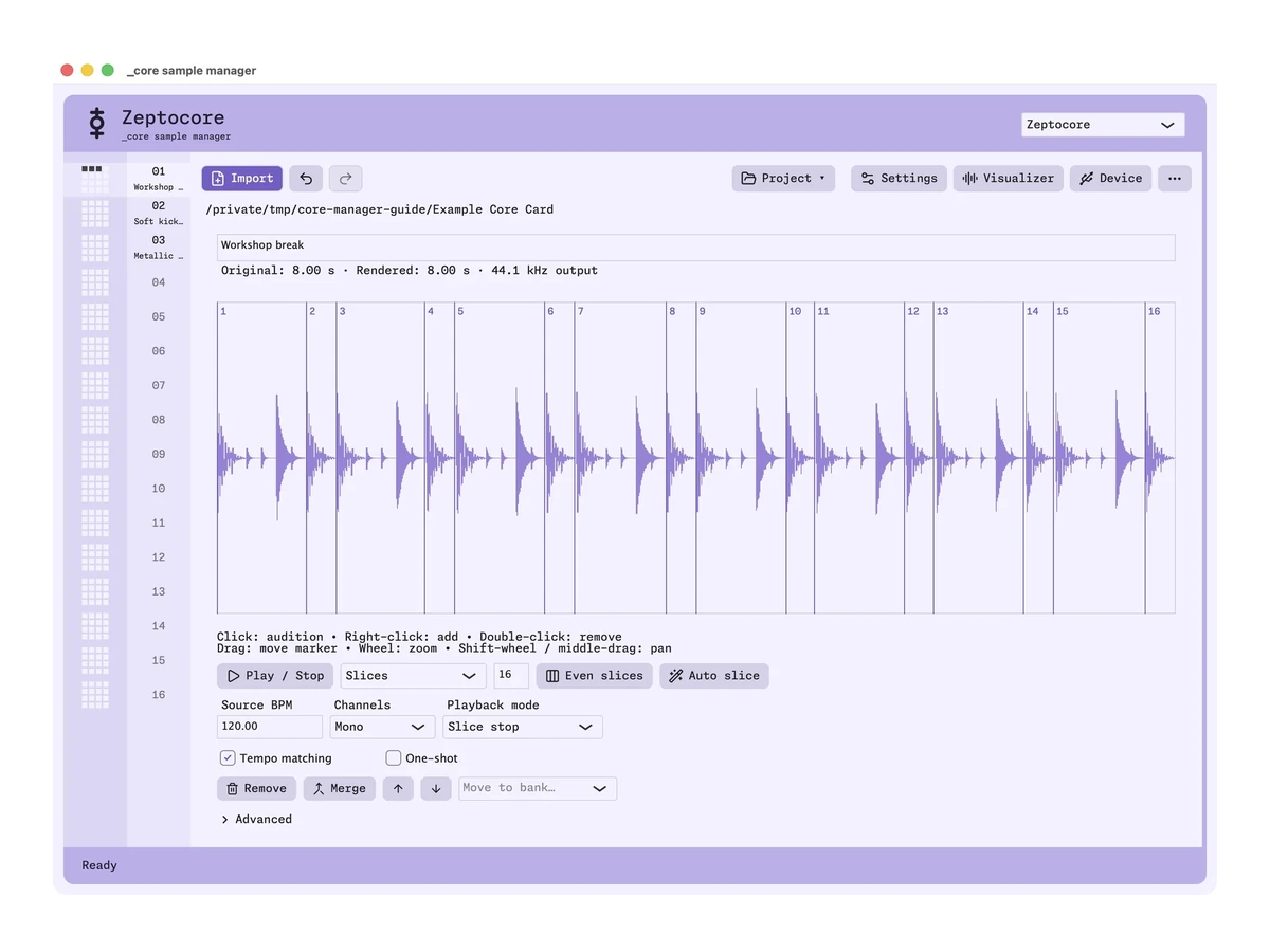 The _core sample manager showing a drum loop divided into sixteen slices