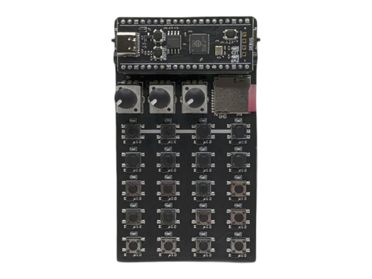 Zeptocore handheld sampler with its knobs, display, and sixteen buttons